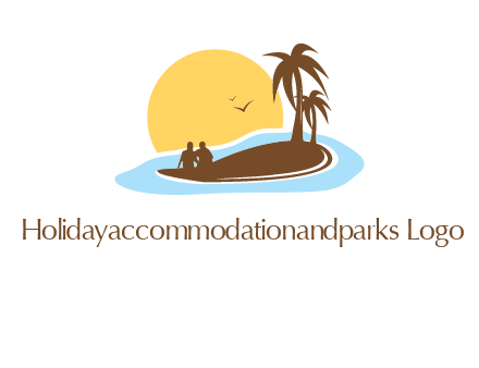 sun behind couple on island and palm trees travel logo