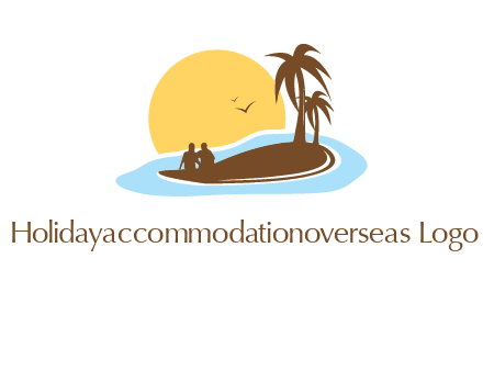 sun behind couple on island and palm trees travel logo