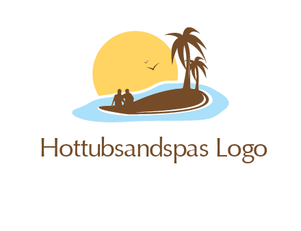 sun behind couple on island and palm trees travel logo