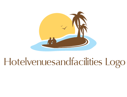 sun behind couple on island and palm trees travel logo
