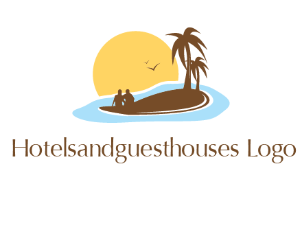 sun behind couple on island and palm trees travel logo