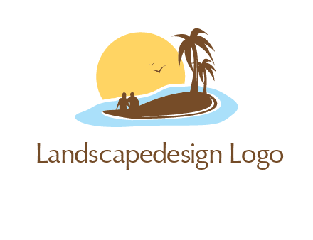 sun behind couple on island and palm trees travel logo