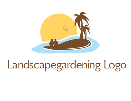 sun behind couple on island and palm trees travel logo
