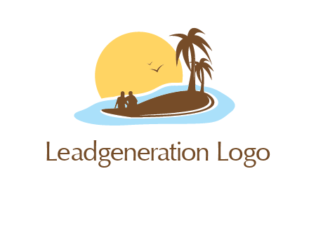 sun behind couple on island and palm trees travel logo