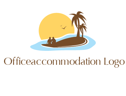 sun behind couple on island and palm trees travel logo