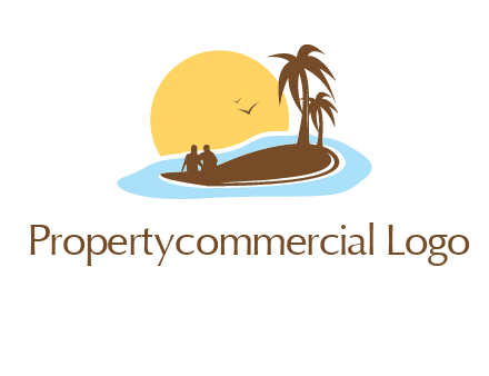 sun behind couple on island and palm trees travel logo