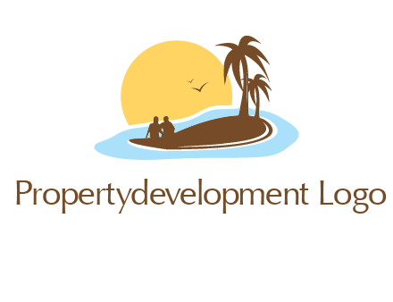 sun behind couple on island and palm trees travel logo