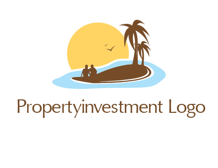 sun behind couple on island and palm trees travel logo