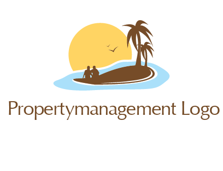 sun behind couple on island and palm trees travel logo