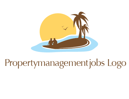 sun behind couple on island and palm trees travel logo