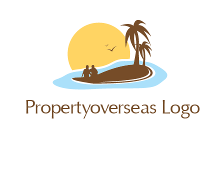 sun behind couple on island and palm trees travel logo