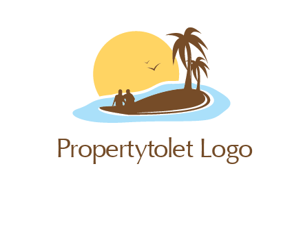 sun behind couple on island and palm trees travel logo