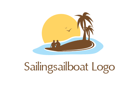 sun behind couple on island and palm trees travel logo