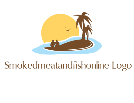 sun behind couple on island and palm trees travel logo