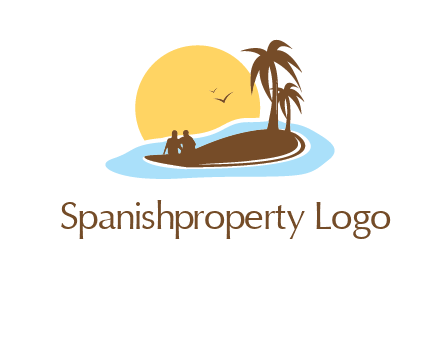 sun behind couple on island and palm trees travel logo