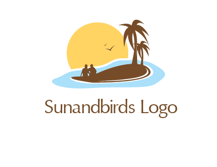 sun behind couple on island and palm trees travel logo