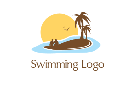 sun behind couple on island and palm trees travel logo