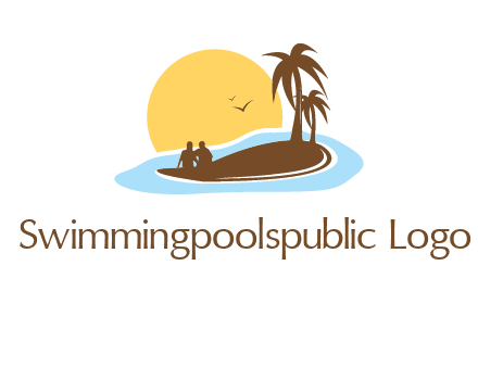 sun behind couple on island and palm trees travel logo