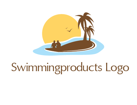 sun behind couple on island and palm trees travel logo