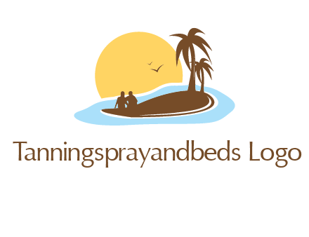 sun behind couple on island and palm trees travel logo