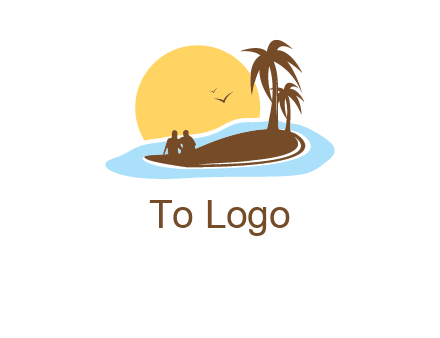 sun behind couple on island and palm trees travel logo