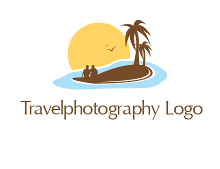 sun behind couple on island and palm trees travel logo