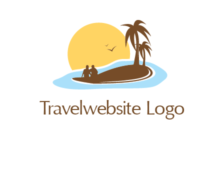 sun behind couple on island and palm trees travel logo