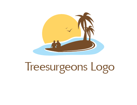sun behind couple on island and palm trees travel logo