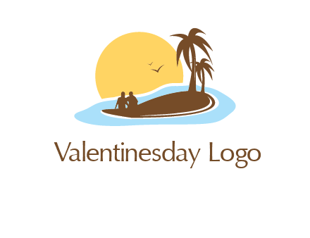 sun behind couple on island and palm trees travel logo