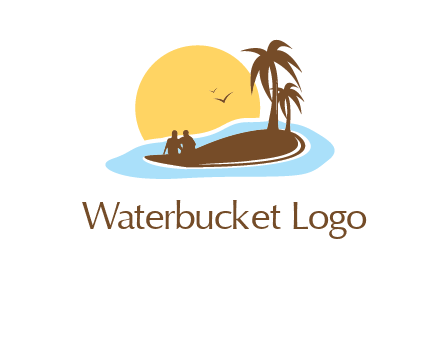 sun behind couple on island and palm trees travel logo