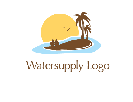 sun behind couple on island and palm trees travel logo