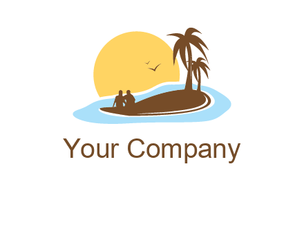 sun behind couple on island and palm trees travel logo