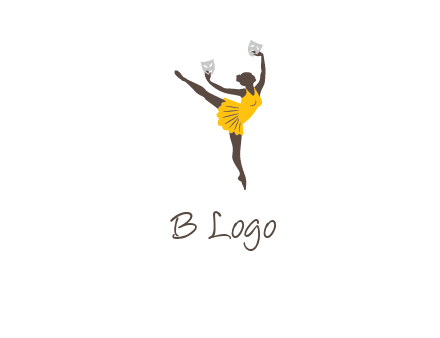 ballet dancer dancing on the floor with mask in hands logo