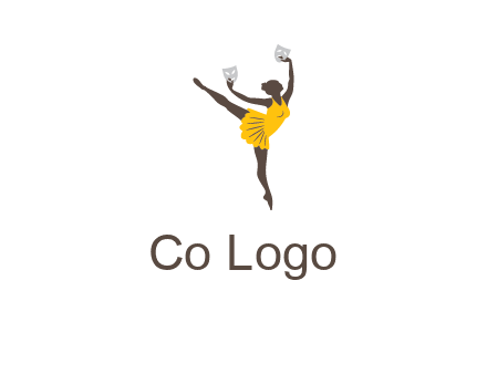 ballet dancer dancing on the floor with mask in hands logo