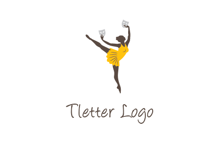 ballet dancer dancing on the floor with mask in hands logo