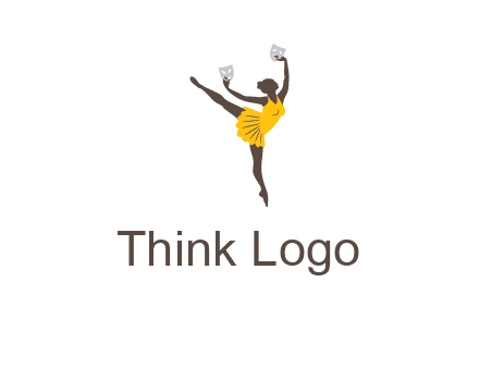 ballet dancer dancing on the floor with mask in hands logo