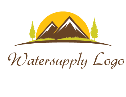 mountains with trees and sun travel logo