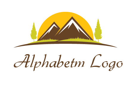 mountains with trees and sun travel logo