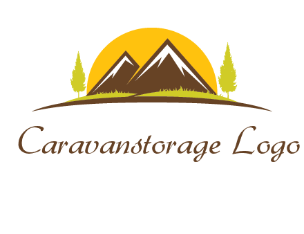 mountains with trees and sun travel logo