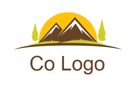 mountains with trees and sun travel logo