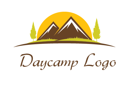 mountains with trees and sun travel logo