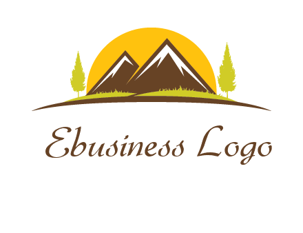 mountains with trees and sun travel logo