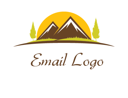 mountains with trees and sun travel logo