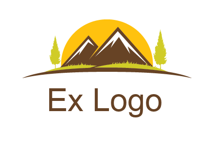 mountains with trees and sun travel logo