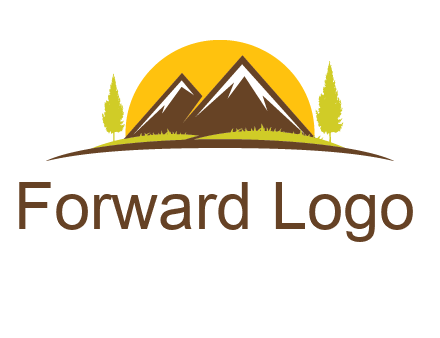mountains with trees and sun travel logo