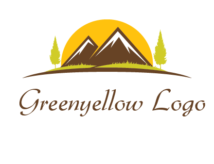 mountains with trees and sun travel logo