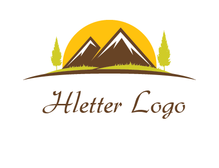 mountains with trees and sun travel logo