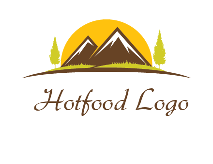 mountains with trees and sun travel logo
