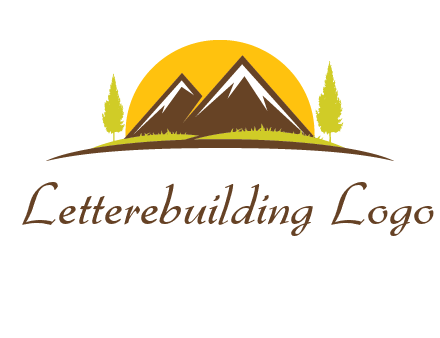 mountains with trees and sun travel logo