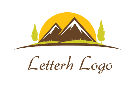 mountains with trees and sun travel logo